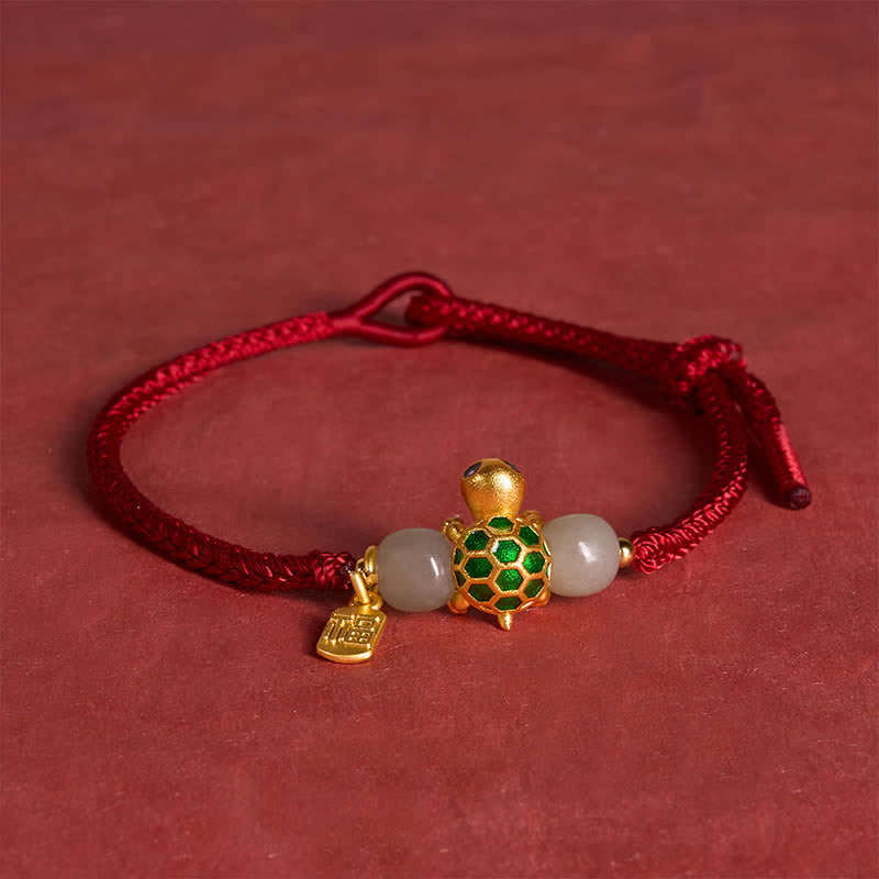 Copper Turtle Fu Character Hetian Jade Red String Luck Bracelet