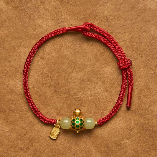 Copper Turtle Fu Character Hetian Jade Red String Luck Bracelet