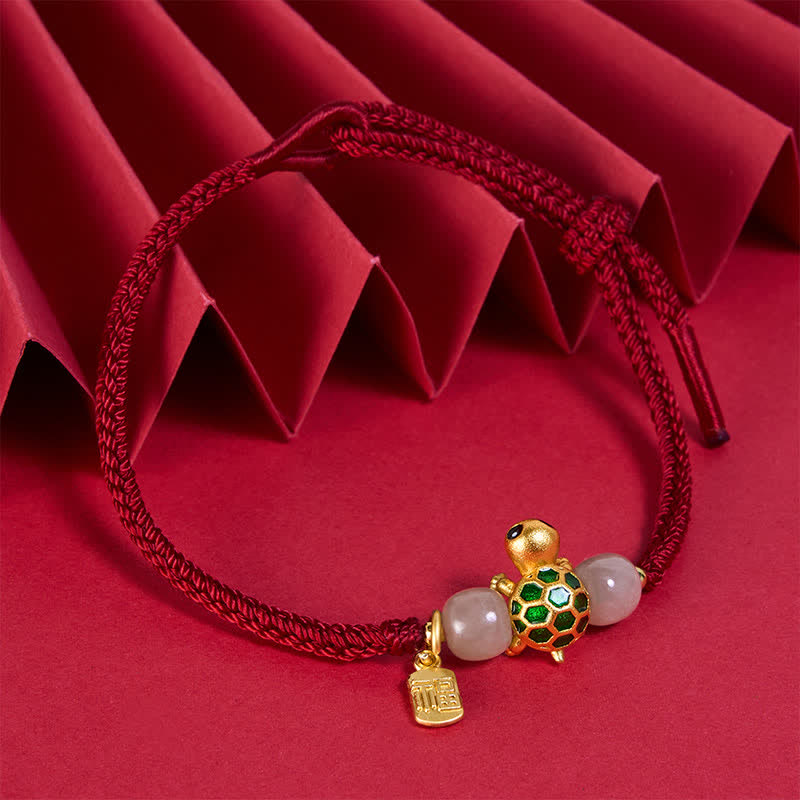 Copper Turtle Fu Character Hetian Jade Red String Luck Bracelet