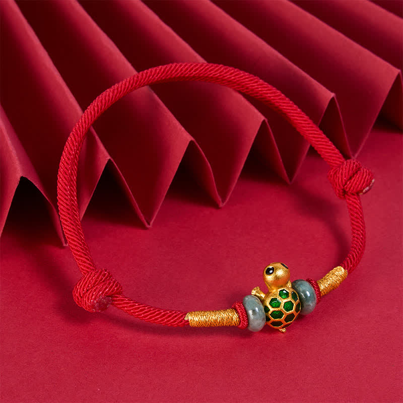 Copper Turtle Jade Fu Character Luck Red String Bracelet
