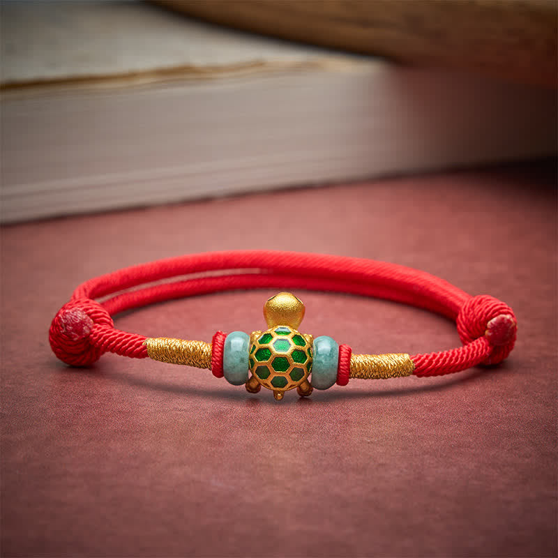 Copper Turtle Jade Fu Character Luck Red String Bracelet