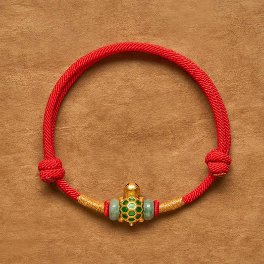 Copper Turtle Jade Fu Character Luck Red String Bracelet