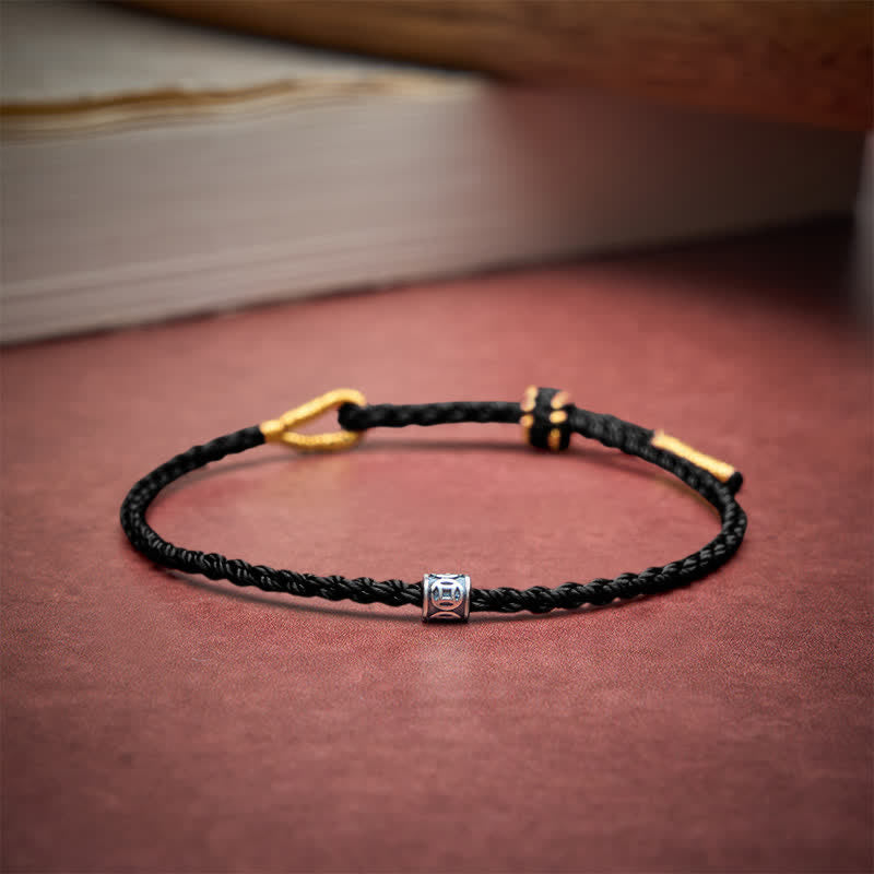 Black Red String 925 Sterling Silver Chinese Coin Protection Minimalist Bracelet