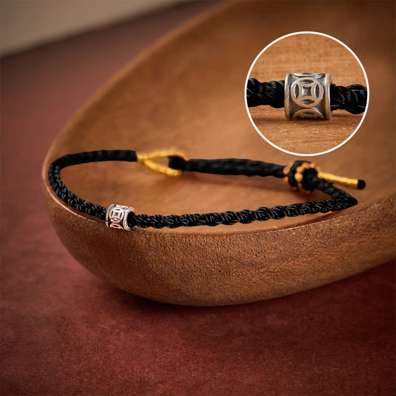 Black Red String 925 Sterling Silver Chinese Coin Protection Minimalist Bracelet