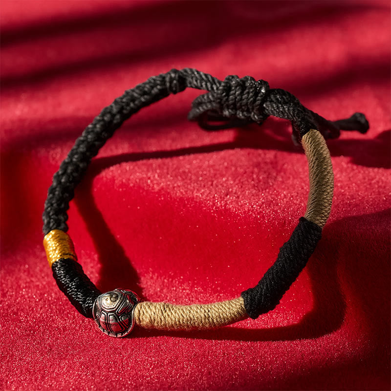 Brass Yinyang Turtle Black String Hand-Woven Wisdom Bracelet