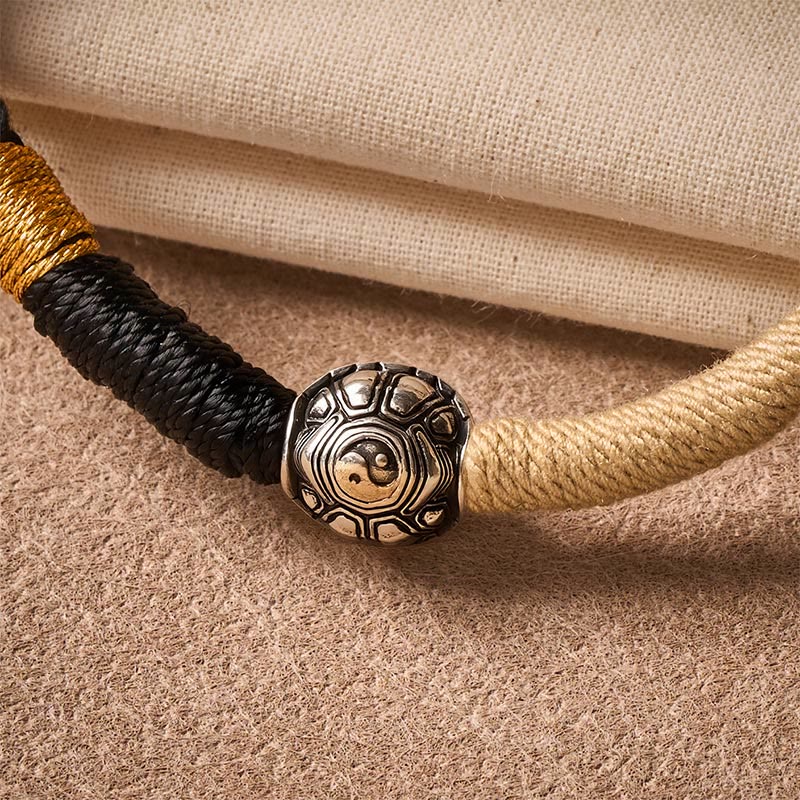 Brass Yinyang Turtle Black String Hand-Woven Wisdom Bracelet