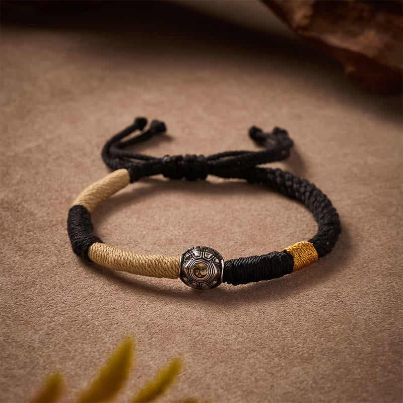 Brass Yinyang Turtle Black String Hand-Woven Wisdom Bracelet