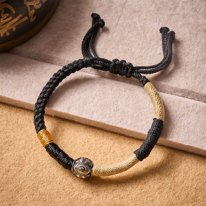 Brass Yinyang Turtle Black String Hand-Woven Wisdom Bracelet