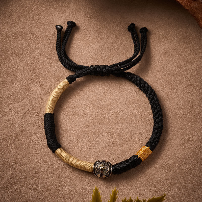 Brass Yinyang Turtle Black String Hand-Woven Wisdom Bracelet