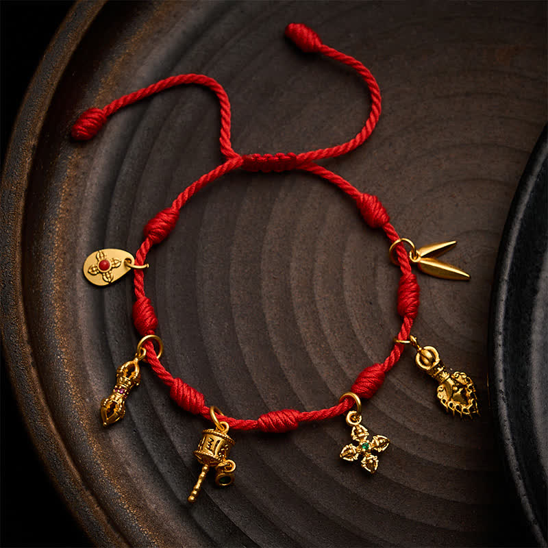 Handmade Seven-Knot Red String Om Mani Padme Hum Prayer Wheel Vajra Bamboo Leaf Zakiram Luck Bracelet