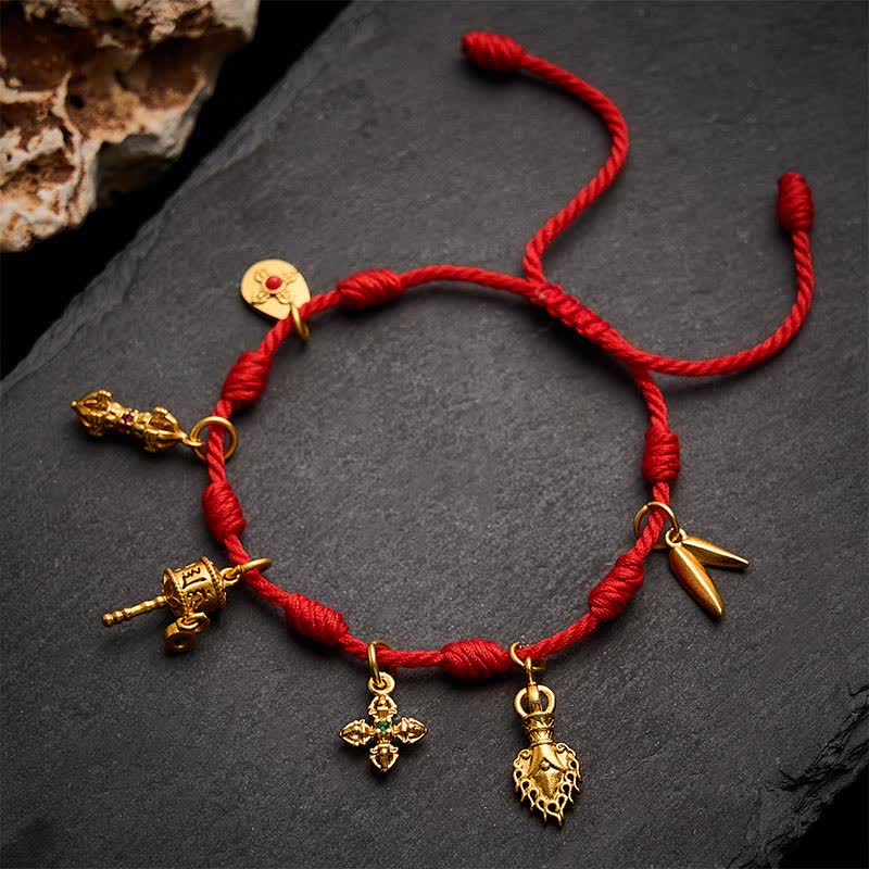 Handmade Seven-Knot Red String Om Mani Padme Hum Prayer Wheel Vajra Bamboo Leaf Zakiram Luck Bracelet
