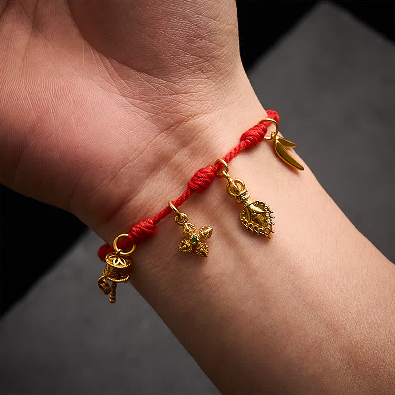 Handmade Seven-Knot Red String Om Mani Padme Hum Prayer Wheel Vajra Bamboo Leaf Zakiram Luck Bracelet