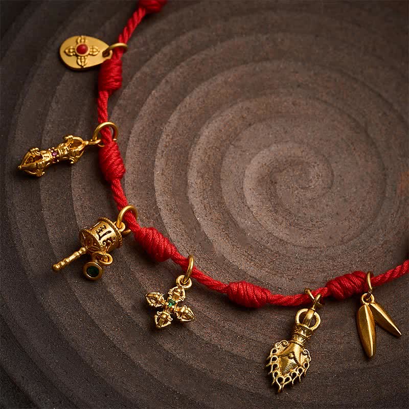 Handmade Seven-Knot Red String Om Mani Padme Hum Prayer Wheel Vajra Bamboo Leaf Zakiram Luck Bracelet