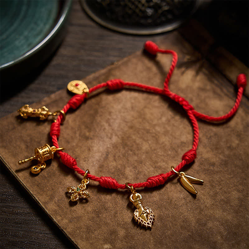 Handmade Seven-Knot Red String Om Mani Padme Hum Prayer Wheel Vajra Bamboo Leaf Zakiram Luck Bracelet