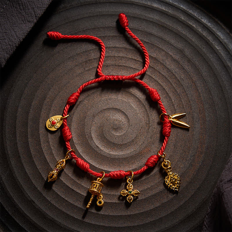 Handmade Seven-Knot Red String Om Mani Padme Hum Prayer Wheel Vajra Bamboo Leaf Zakiram Luck Bracelet