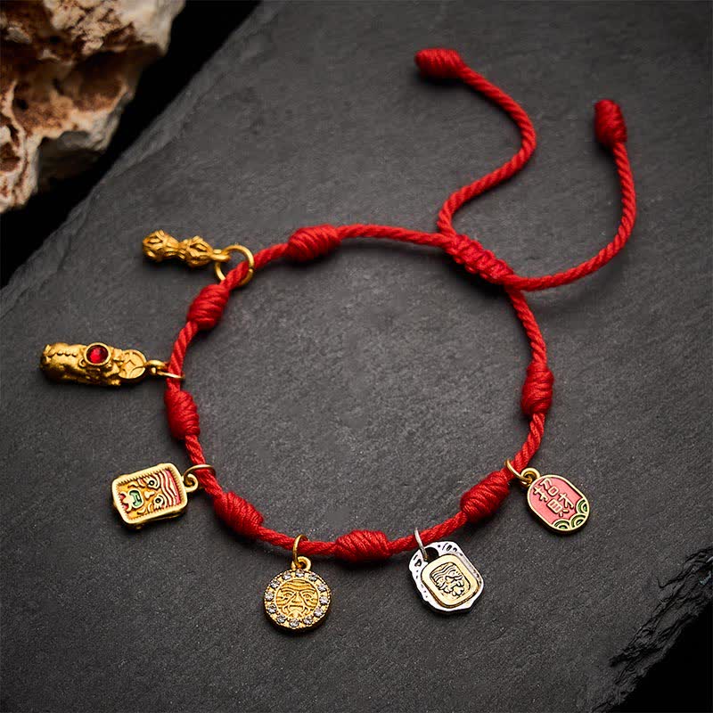 Handmade Seven-Knot Red String Zakiram Fortune & Blessings Fu Character Pixiu Vajra Luck Bracelet