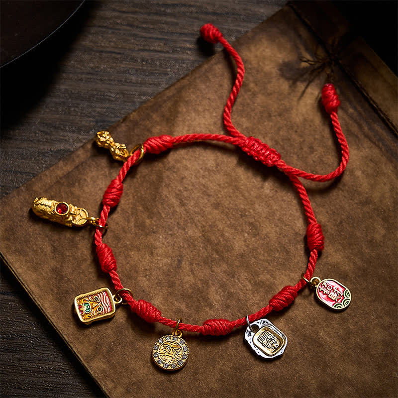 Handmade Seven-Knot Red String Zakiram Fortune & Blessings Fu Character Pixiu Vajra Luck Bracelet