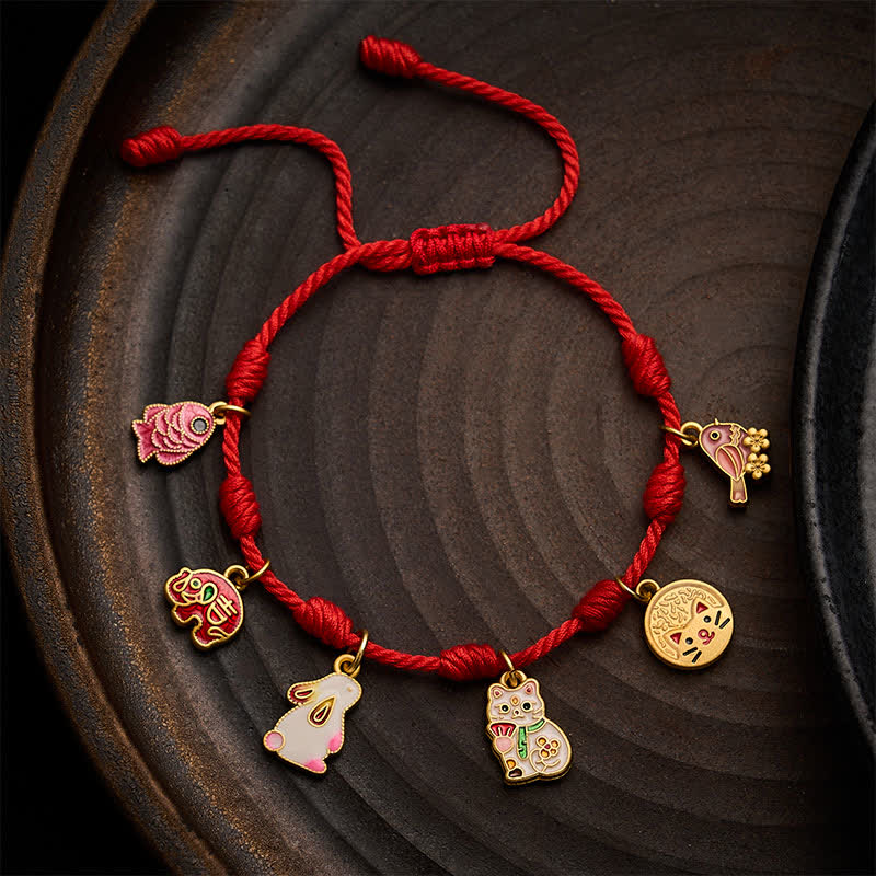 Handmade Seven-Knot Red String Koi Fish Elephant Rabbit Cat Purple Magpie Luck Bracelet