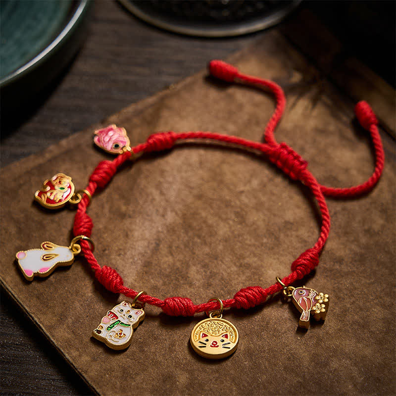 Handmade Seven-Knot Red String Koi Fish Elephant Rabbit Cat Purple Magpie Luck Bracelet