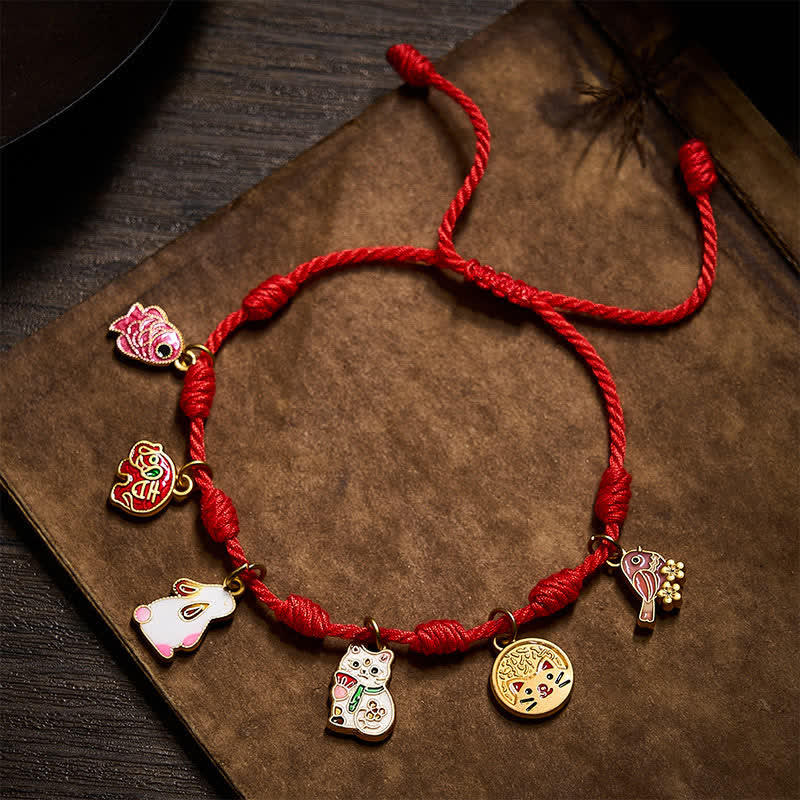 Handmade Seven-Knot Red String Koi Fish Elephant Rabbit Cat Purple Magpie Luck Bracelet