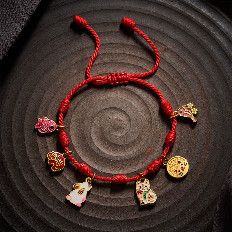 Handmade Seven-Knot Red String Koi Fish Elephant Rabbit Cat Purple Magpie Luck Bracelet