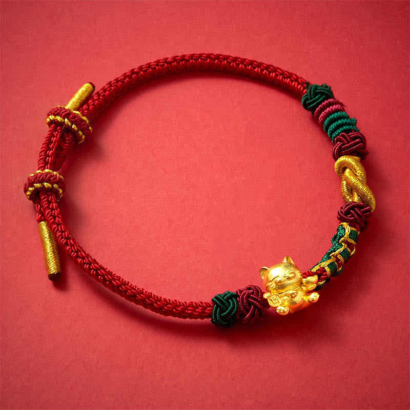 Hand-Woven Red String Lucky Cat Protection Bracelet
