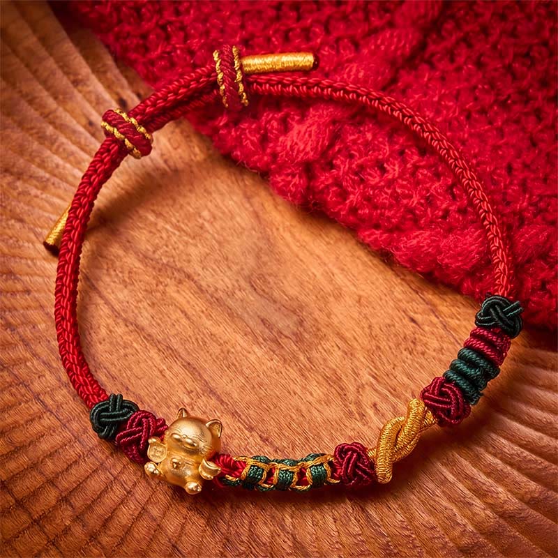 Hand-Woven Red String Lucky Cat Protection Bracelet