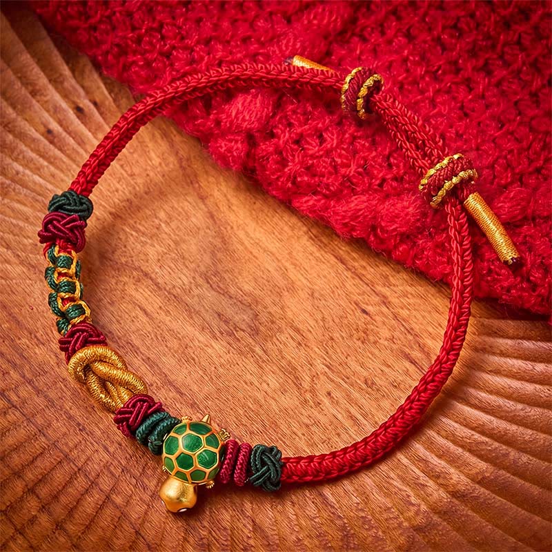 Hand-Woven Copper Turtle Red String Protection Bracelet