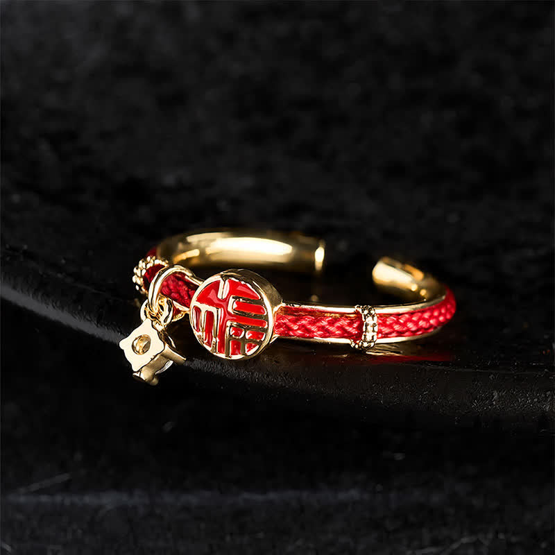 Red String Round Fu Character Luck Open Ring