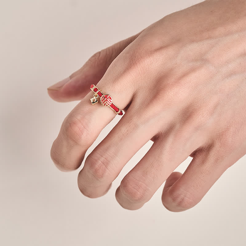 Red String Round Fu Character Luck Open Ring