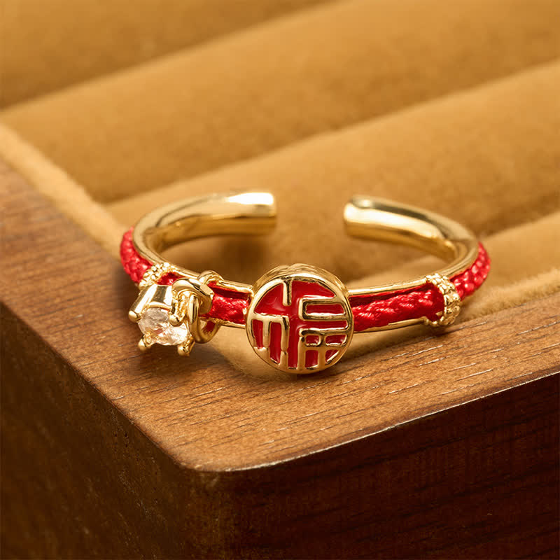 Red String Round Fu Character Luck Open Ring