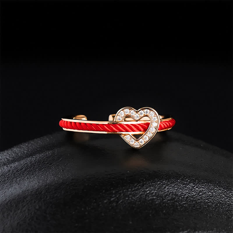 Copper Red String Heart Luck Open Ring