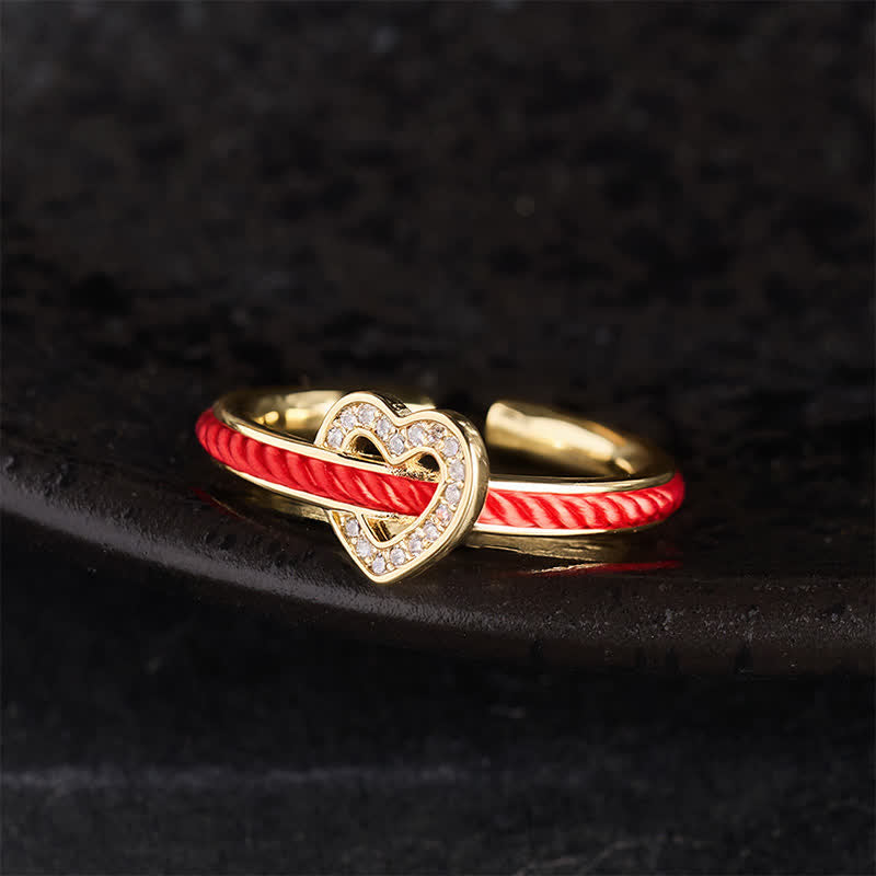 Copper Red String Heart Luck Open Ring