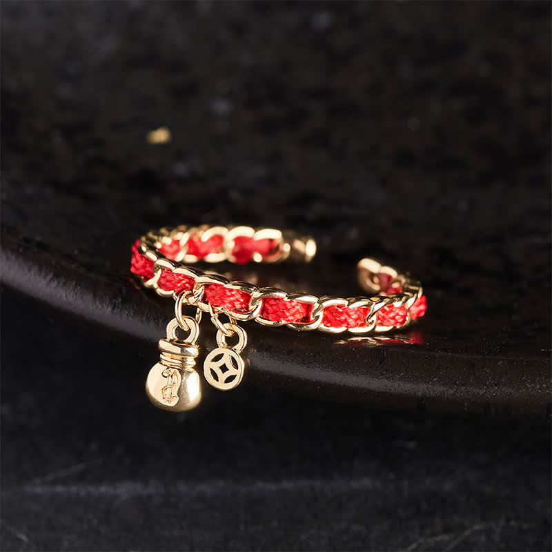 Copper Red String Chinese Coin Good Fortune Fortune Pouch Open Ring