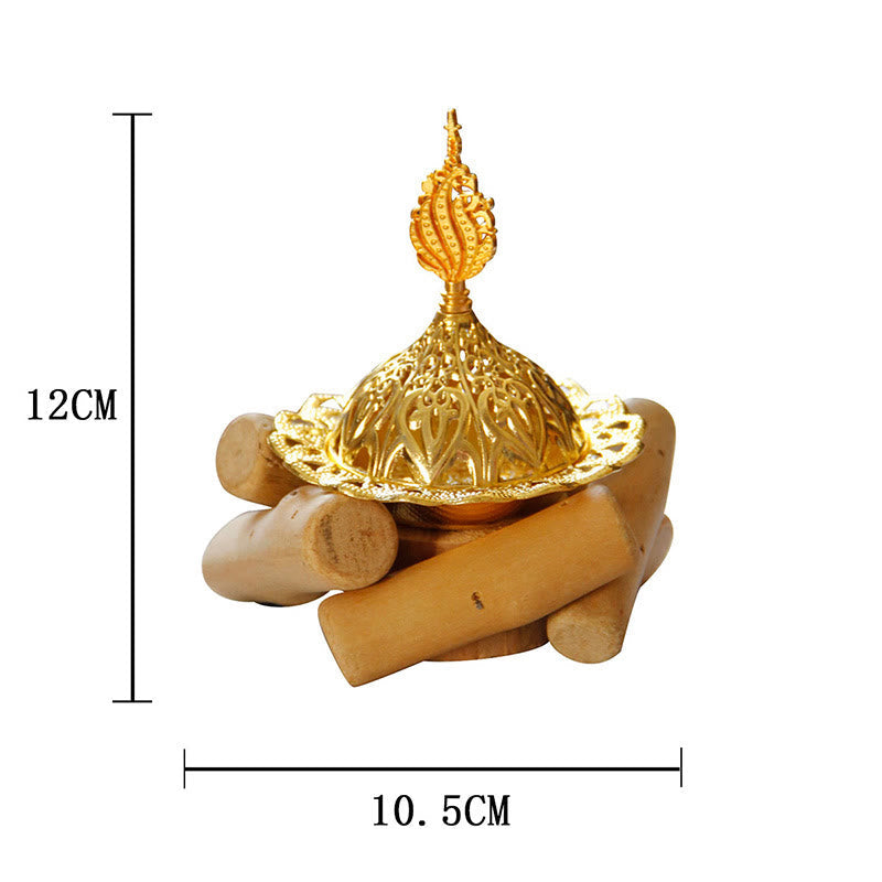 Gold Alloy Mini Incense Burner With Wooden Coaster Home Decor