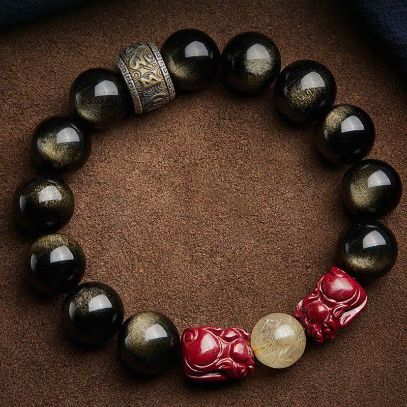 Gold Sheen Obsidian PiXiu Cinnabar Om Mani Padme Hum Protection Bracelet