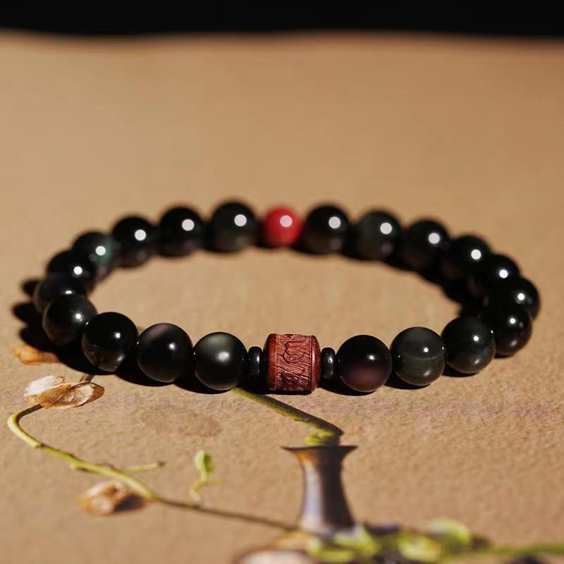 Natural Gold Sheen Obsidian Rainbow Obsidian Om Mani Padme Hum Fu Character Bracelet