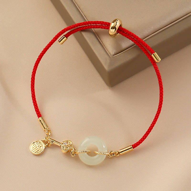18K Gold Plated Hetian Jade Peace Buckle Fu Character Luck Red Rope Bracelet