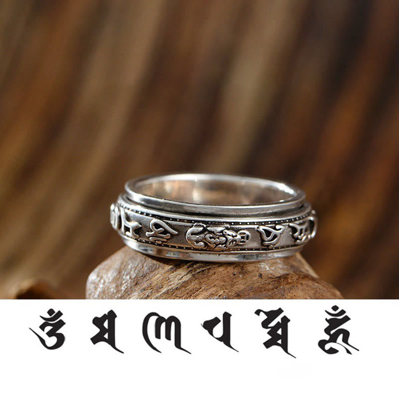 Tibetan Om Mani Padme Hum PiXiu Engraved Wealth Luck Rotatable Ring