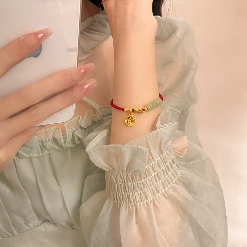 Handcrafted Jade Bead Fu Character Charm Luck Red Rope Bracelet