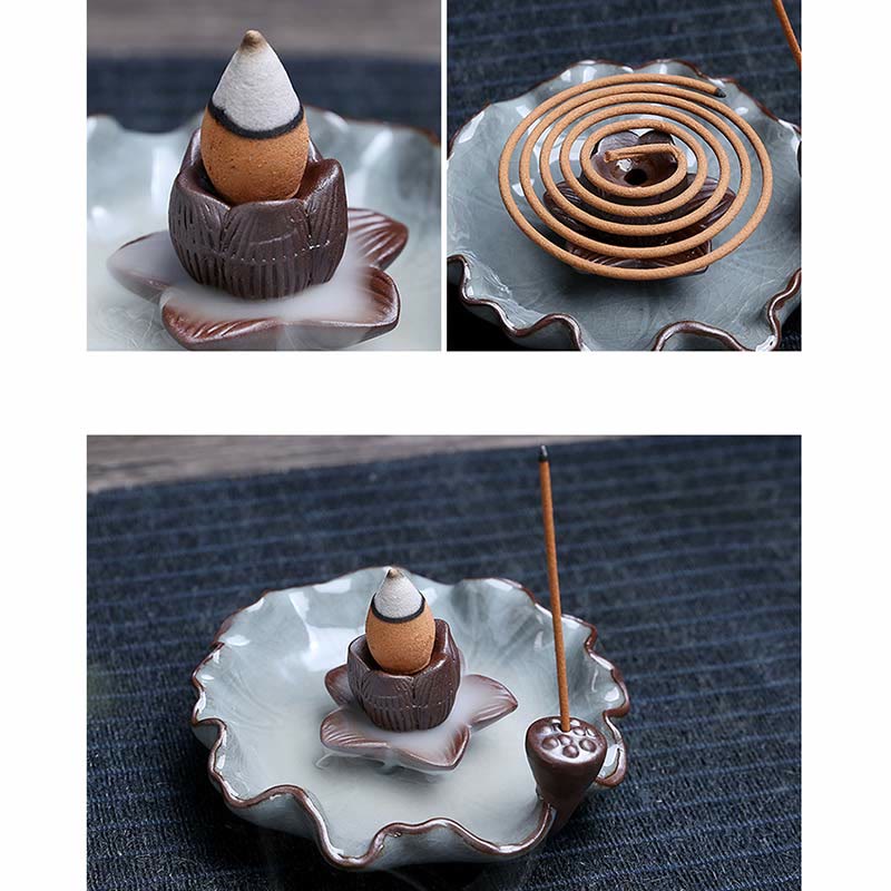 Lotus Plum Blossom Square Ceramic Spiritual Backflow Incense Burner