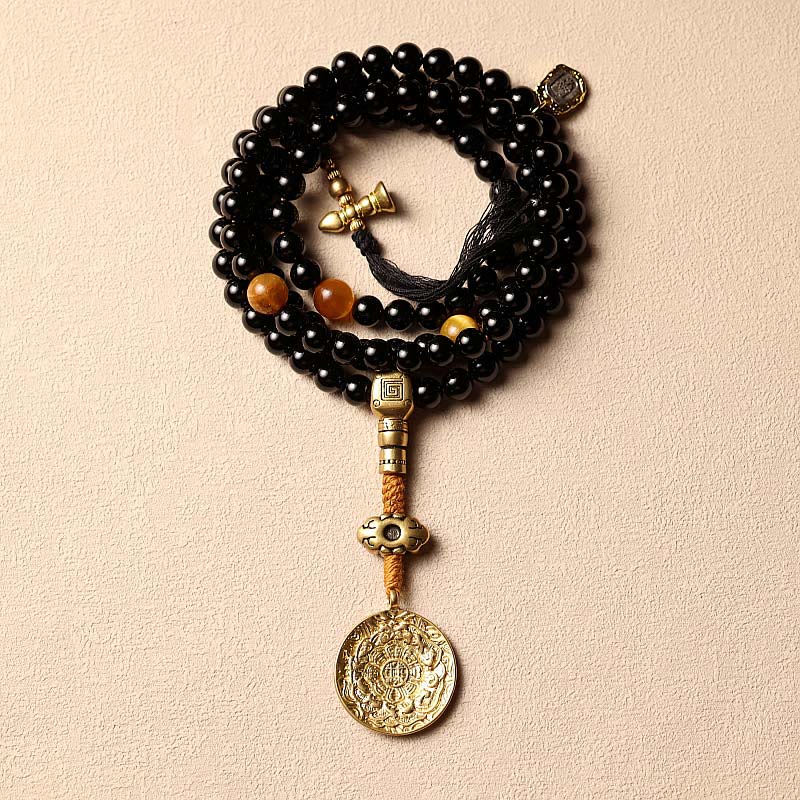 Tibetan 108 Mala Beads Black Onyx Tiger Eye Beads Nine Palaces Bagua Protection Bracelet