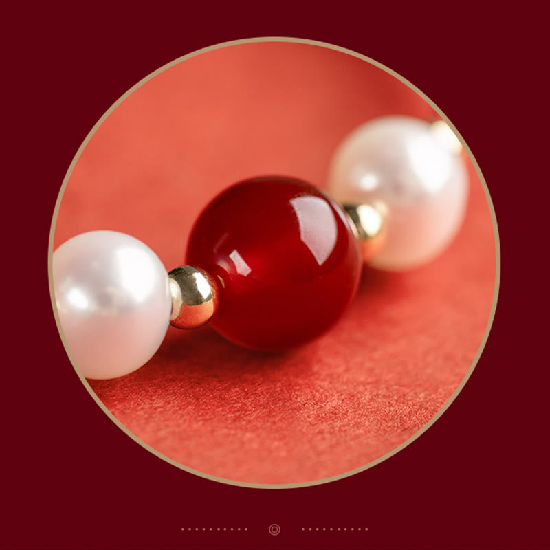925 Sterling Silver Good Fortune Fu Character Agate Pearl Red String Braid Bracelet