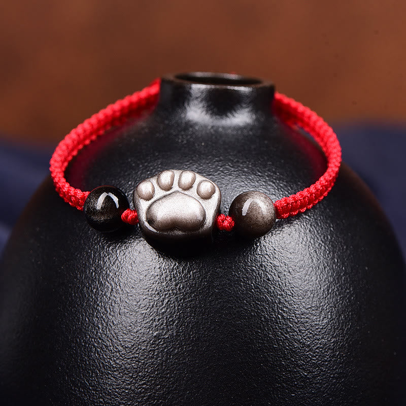 Natural Silver Sheen Obsidian Gold Sheen Obsidian Cute Cat Paw Claw Protection Rope Bracelet