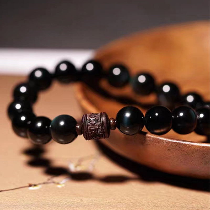 Natural Gold Sheen Obsidian Rainbow Obsidian Om Mani Padme Hum Fu Character Bracelet