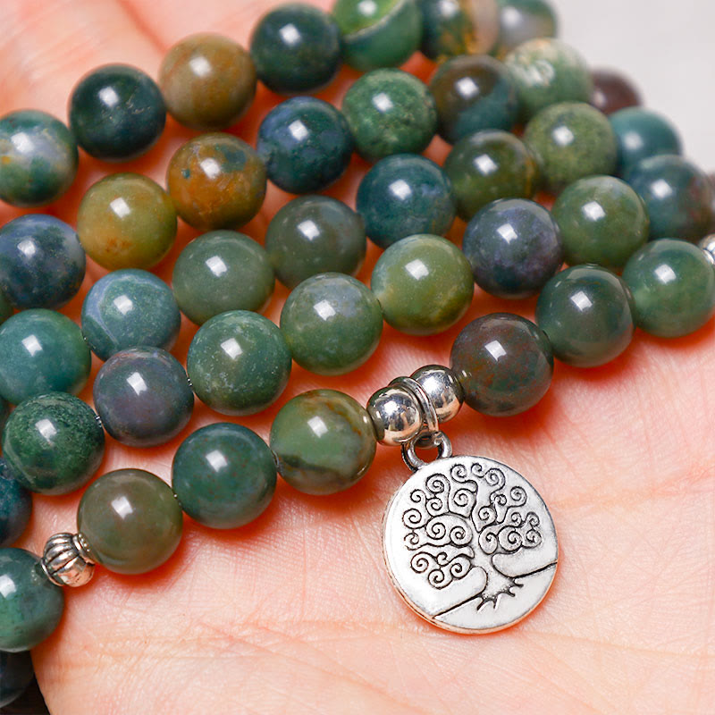 108 Mala Beads Indian Agate Lotus OM Tree of life Positive Calm Bracelet