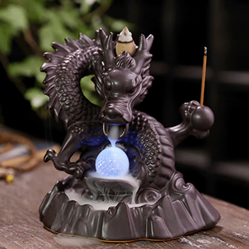 Auspicious Dragon Ceramic Backflow Smoke Fountain Meditation Incense Burner Led Ball Decoration