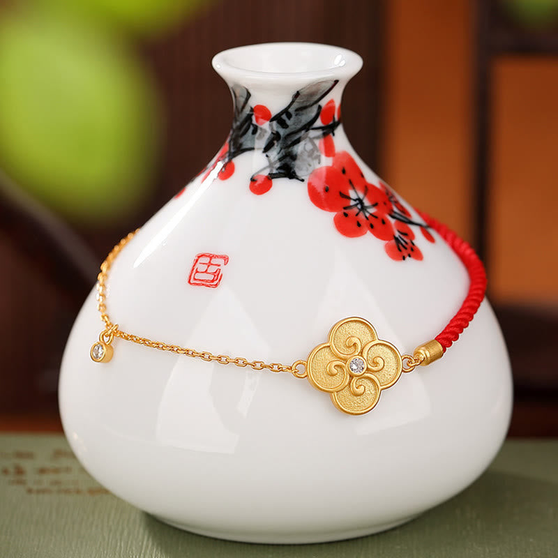 925 Sterling Silver Plated Gold Four Leaf Clover Zircon Luck Bracelet