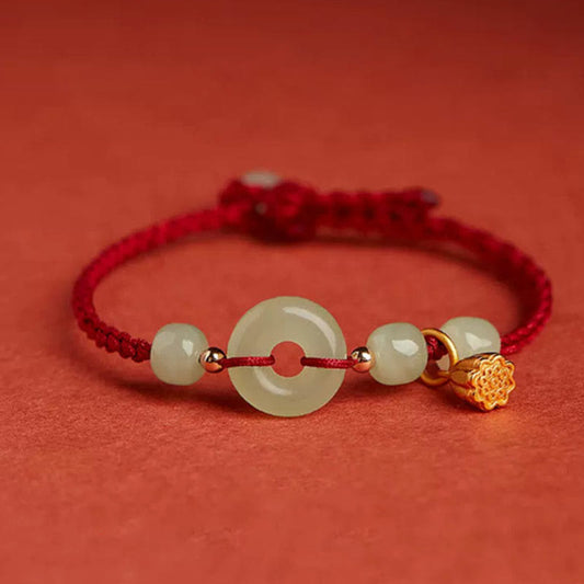 Round Peace Buckle Jade Lotus Happiness Abundance Wealth String Bracelet
