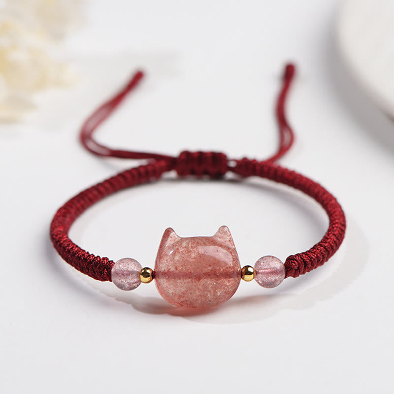 Handmade Natural Silver Sheen Obsidian Strawberry Quartz Cute Cat Protection Braided Bracelet